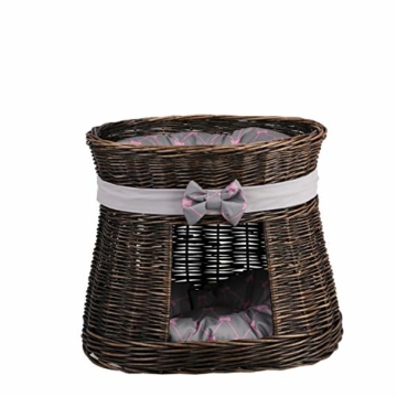 e-wicker24 Ovale dunkelbraune Katzenhütte, Katzenkorb aus Weide, Korb für die Katze mit Zwei Etagen, Katzenlager mit Kissen, Katzenturm - 4