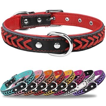 TagME Hundehalsband Leder für Mittlere Hunde,Geflochtenes, Weich Gepolstert Hundehalsbänder mit Doppelten D-Ringen, Rot M - 1