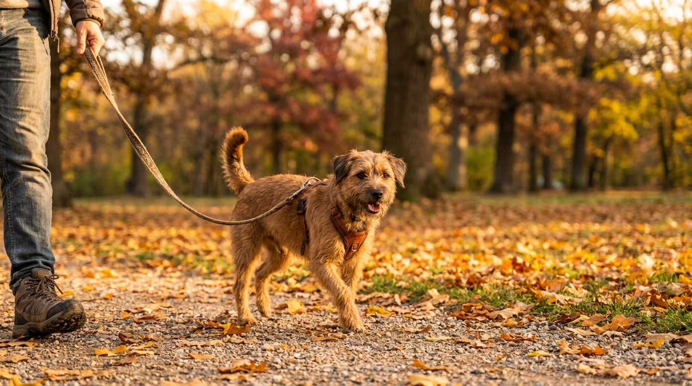 Hund an der Leine bei einem Spaziergang im Park