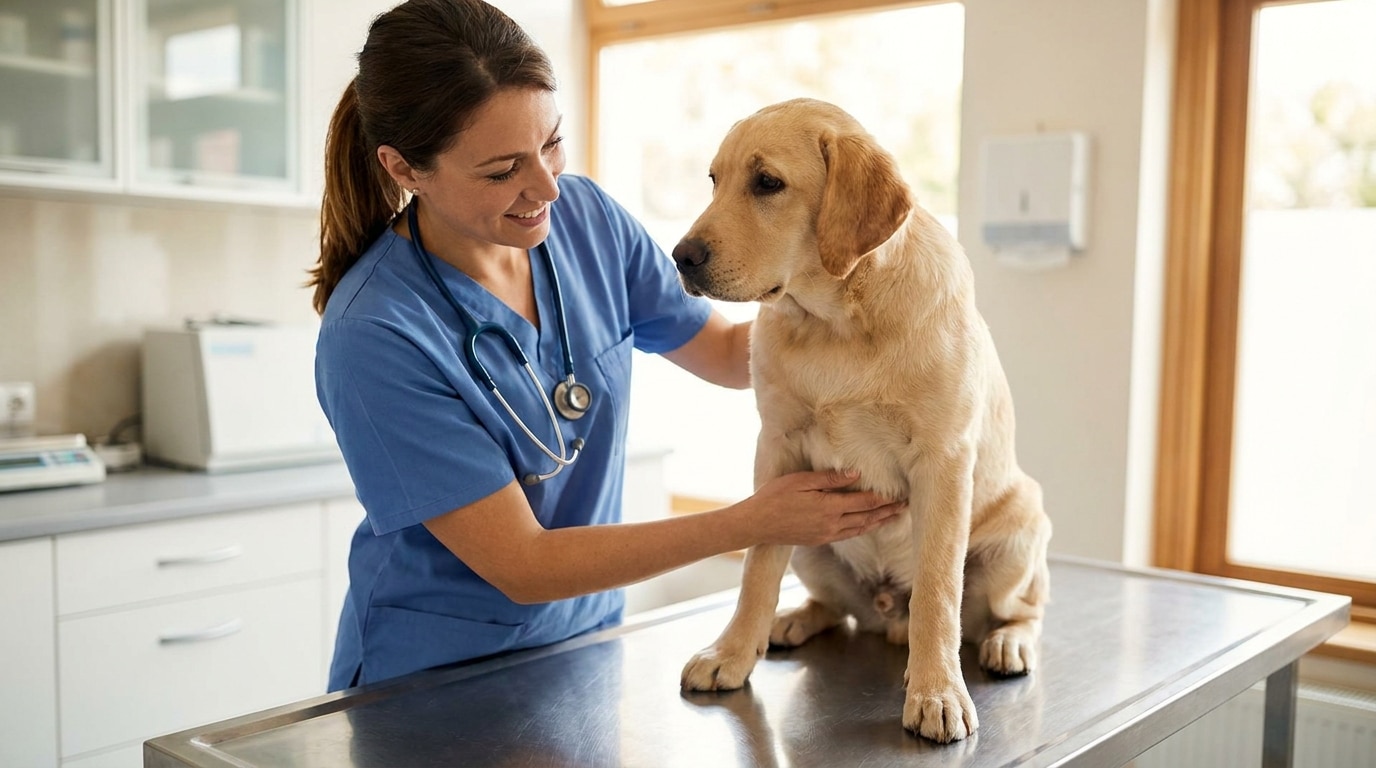 Junger Labrador wird in einer Tierarztpraxis untersucht